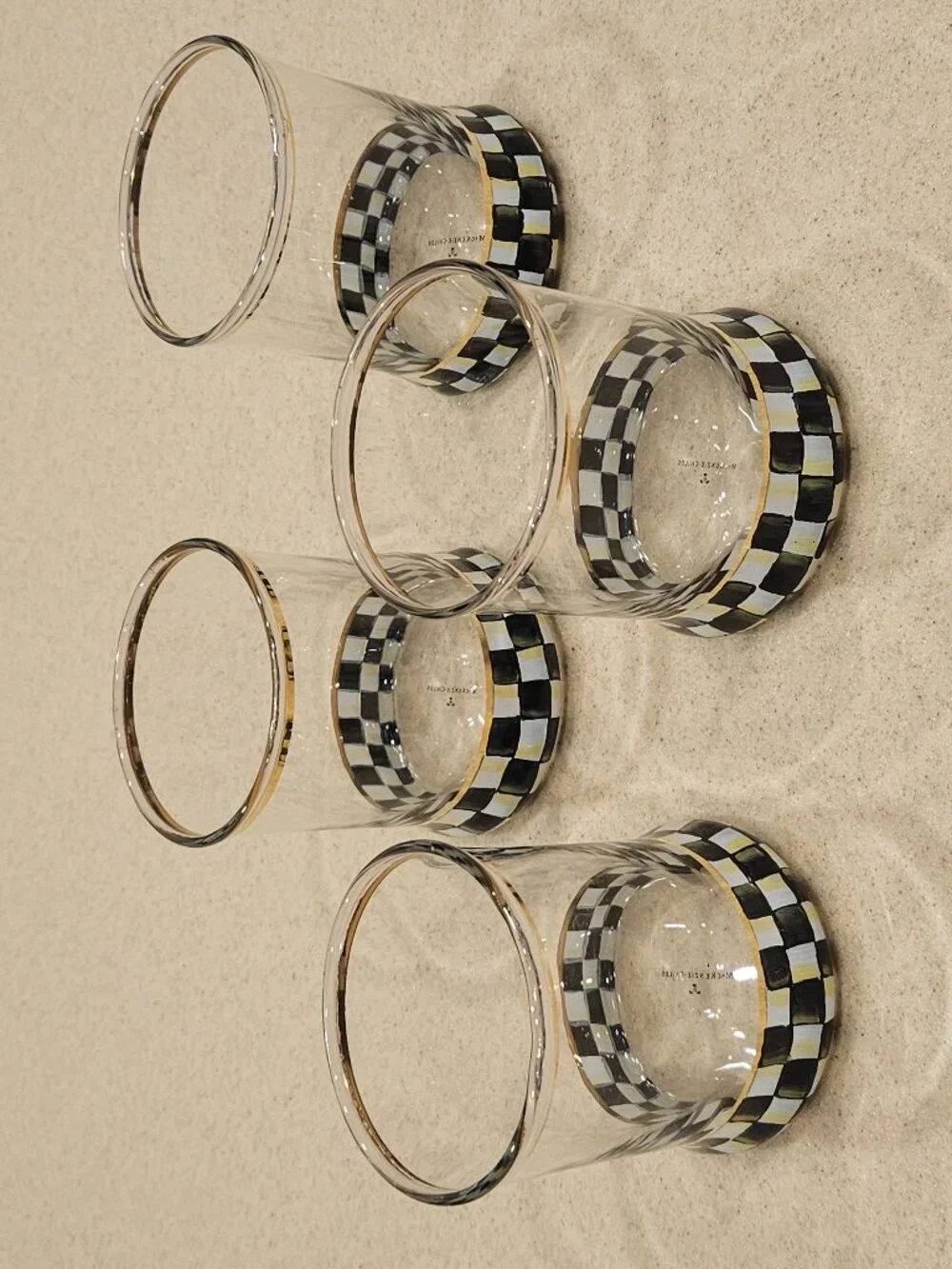 4 RETIRED MACKENZIE CHILDS COURTLY CHECK DOf BAR WATER DRINKING GLASS TUMBLER